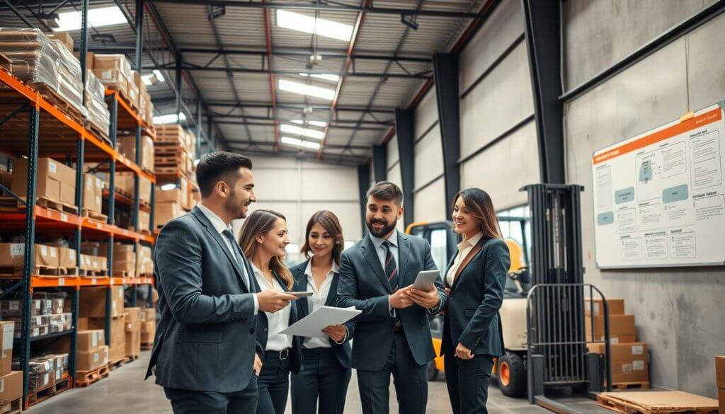 A bustling warehouse scene representing outbound logistics, with a focus on professionals in smart business attire actively coordinating logistics operations. In the foreground, a diverse group of individuals discusses a shipping plan over a digital tablet, showcasing their collaboration and problem-solving skills. The middle ground features large shelves stacked with neatly packed boxes ready for shipment, a forklift in action transporting goods, and a visible workflow map pinned to a wall illustrating logistical challenges and solutions. In the background, windows let in soft natural lighting that enhances the productive atmosphere. The image captures a sense of urgency and efficiency, emphasizing teamwork and high-value buyer interactions in a modern supply chain environment. A bustling warehouse scene representing outbound logistics, with a focus on professionals in smart business attire actively coordinating logistics operations. In the foreground, a diverse group of individuals discusses a shipping plan over a digital tablet, showcasing their collaboration and problem-solving skills. The middle ground features large shelves stacked with neatly packed boxes ready for shipment, a forklift in action transporting goods, and a visible workflow map pinned to a wall illustrating logistical challenges and solutions. In the background, windows let in soft natural lighting that enhances the productive atmosphere. The image captures a sense of urgency and efficiency, emphasizing teamwork and high-value buyer interactions in a modern supply chain environment.