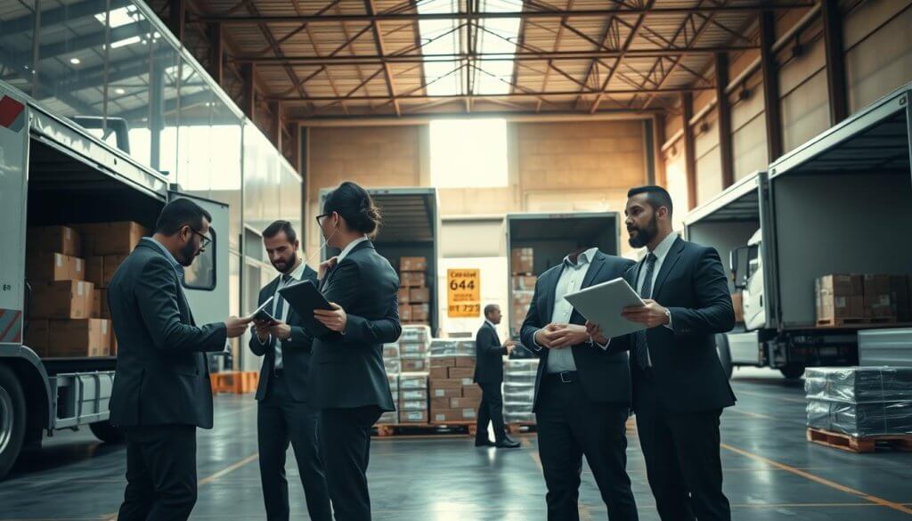 A bustling warehouse scene showcasing outbound logistics in action. In the foreground, a diverse team of professionals in business attire is coordinating the loading of goods into delivery trucks. One individual inspects inventory on a digital tablet, while another oversees the loading process, ensuring efficiency. In the middle ground, neatly arranged pallets of products await shipment, highlighting organization and readiness. The background features an expansive loading dock with large overhead doors, allowing natural light to flood in, enhancing the atmosphere of productivity and focus. Use a slightly low-angle perspective to emphasize the scale of the operation and the professionalism of the team. The mood should convey a sense of urgency and teamwork, illustrating how Gasimo supports AI teams in their logistics processes. A bustling warehouse scene showcasing outbound logistics in action. In the foreground, a diverse team of professionals in business attire is coordinating the loading of goods into delivery trucks. One individual inspects inventory on a digital tablet, while another oversees the loading process, ensuring efficiency. In the middle ground, neatly arranged pallets of products await shipment, highlighting organization and readiness. The background features an expansive loading dock with large overhead doors, allowing natural light to flood in, enhancing the atmosphere of productivity and focus. Use a slightly low-angle perspective to emphasize the scale of the operation and the professionalism of the team. The mood should convey a sense of urgency and teamwork, illustrating how Gasimo supports AI teams in their logistics processes.