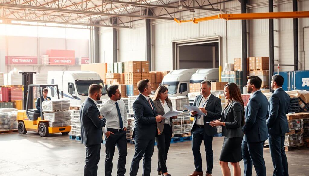 A bustling warehouse setting showcasing outbound logistics. In the foreground, a diverse group of professionals in smart business attire are engaged in conversation, analyzing logistics plans and discussing strategies. In the middle ground, stacks of neatly organized pallets and shipping containers are visible, with a forklift navigating through the area, adding a sense of movement and efficiency. The background features a large loading dock, with trucks ready for departure under soft, natural lighting, conveying a sense of urgency and productivity. The mood is energetic yet focused, reflecting collaboration and strategic planning in supply chain management. The angle captures the dynamic interplay of people and logistics operations, emphasizing teamwork and organization. A bustling warehouse setting showcasing outbound logistics. In the foreground, a diverse group of professionals in smart business attire are engaged in conversation, analyzing logistics plans and discussing strategies. In the middle ground, stacks of neatly organized pallets and shipping containers are visible, with a forklift navigating through the area, adding a sense of movement and efficiency. The background features a large loading dock, with trucks ready for departure under soft, natural lighting, conveying a sense of urgency and productivity. The mood is energetic yet focused, reflecting collaboration and strategic planning in supply chain management. The angle captures the dynamic interplay of people and logistics operations, emphasizing teamwork and organization.