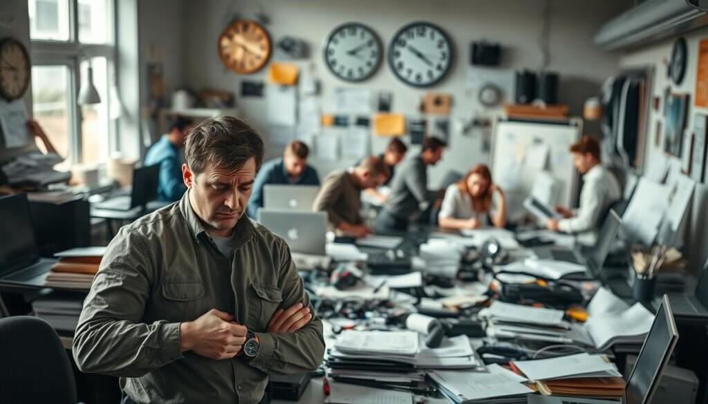 A chaotic office environment filled with home service business operators struggling with workflow challenges. In the foreground, a frustrated technician in professional attire, surrounded by paperwork, laptops, and digital tools, reflecting the stress of inefficient processes. In the middle ground, a muddle of tools and devices symbolizing disorganization, such as service schedules, and invoices, while a wall clock ticks loudly, emphasizing time constraints. In the background, blurred figures work desperately to manage tasks, accentuating the urgency of customer acquisition amidst workflow pain. Soft, natural lighting filters in through a window, creating a tense but realistic atmosphere. Shot with a 35mm lens for a slightly wide angle, bringing viewers into the hectic energy of the scene.