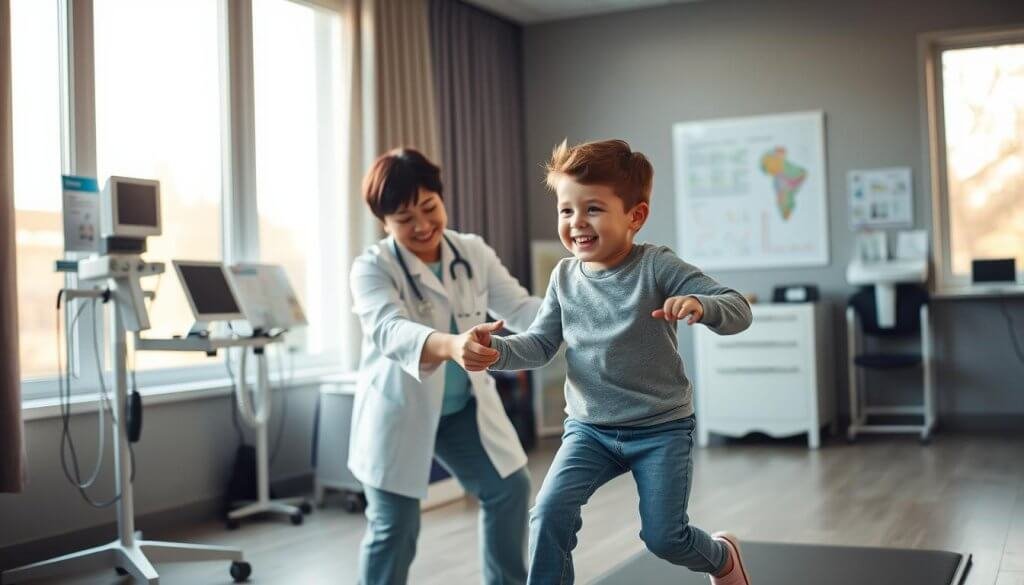 A clinical setting illustrating selective dorsal rhizotomy (SDR) in action. In the foreground, a pediatric physical therapist in professional attire is guiding a young child through a therapeutic exercise, showcasing the post-operative gains from SDR. The child, dressed in modest casual clothing, displays determination and joy. The middle ground features sophisticated medical equipment and visual aids about SDR, like charts and diagrams, strategically placed to enhance understanding. The background shows a softly lit therapy room with large windows that allow warm, natural light to flood the space, creating an encouraging and positive atmosphere. Use a shallow depth of field to emphasize the therapist and child, imparting a sense of focus on their interaction. The overall mood conveys hope and progress in rehabilitation. A clinical setting illustrating selective dorsal rhizotomy (SDR) in action. In the foreground, a pediatric physical therapist in professional attire is guiding a young child through a therapeutic exercise, showcasing the post-operative gains from SDR. The child, dressed in modest casual clothing, displays determination and joy. The middle ground features sophisticated medical equipment and visual aids about SDR, like charts and diagrams, strategically placed to enhance understanding. The background shows a softly lit therapy room with large windows that allow warm, natural light to flood the space, creating an encouraging and positive atmosphere. Use a shallow depth of field to emphasize the therapist and child, imparting a sense of focus on their interaction. The overall mood conveys hope and progress in rehabilitation.