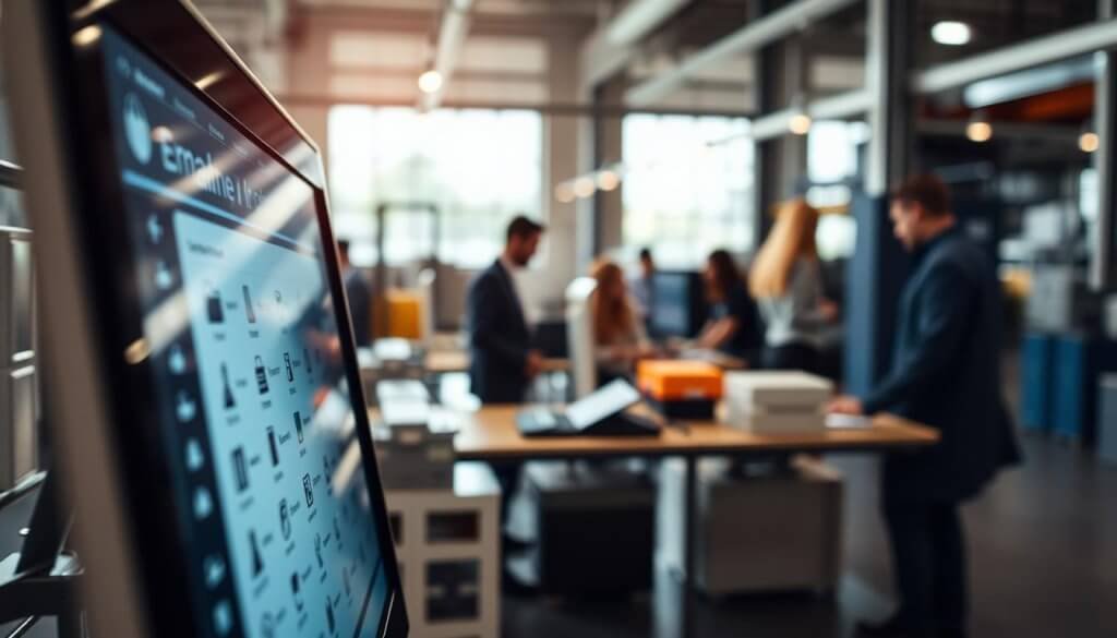 A close-up of a professional plant manager's email interface displayed on a modern computer screen, showcasing a sleek, user-friendly email application. The foreground features the glowing screen with clear icons and folders related to manufacturing operations, conveying a sense of organization. In the middle ground, a busy office setting with blurred views of industrial equipment and a team collaborating in the background, illustrating a dynamic work environment. Soft, natural lighting filters through large windows, casting a warm glow that adds an inviting atmosphere to the space. The camera angle is slightly tilted for a unique perspective, and the overall mood is focused and professional, emphasizing effective communication in the manufacturing sector.