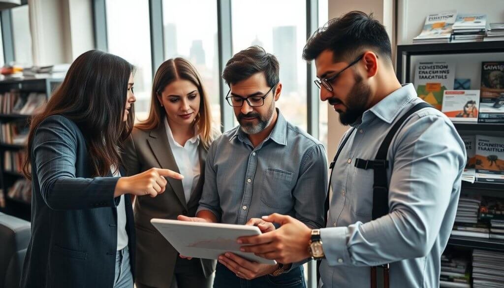 A close-up view of a modern office workspace, featuring a diverse team of contractors and service operators engaged in a focused discussion around a digital tablet displaying high-intent data visualizations. In the foreground, a professional woman in business attire points to a graph showing conversion metrics, while a man in a smart casual shirt analyzes engagement statistics. The middle layer includes a large window revealing a city skyline, casting soft, natural light into the room, enhancing a collaborative atmosphere. The background contains shelves filled with trade magazines and manuals, signifying industry knowledge. The overall mood is one of determination and strategic planning, emphasizing the contrast between generic and targeted lead generation approaches. A close-up view of a modern office workspace, featuring a diverse team of contractors and service operators engaged in a focused discussion around a digital tablet displaying high-intent data visualizations. In the foreground, a professional woman in business attire points to a graph showing conversion metrics, while a man in a smart casual shirt analyzes engagement statistics. The middle layer includes a large window revealing a city skyline, casting soft, natural light into the room, enhancing a collaborative atmosphere. The background contains shelves filled with trade magazines and manuals, signifying industry knowledge. The overall mood is one of determination and strategic planning, emphasizing the contrast between generic and targeted lead generation approaches.