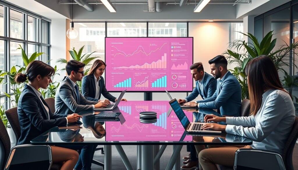 A conceptual illustration depicting the integration of demand generation with tactical lead generation in a modern business environment. In the foreground, a diverse team of professionals in smart business attire collaborates around a sleek glass conference table, analyzing digital charts and graphs on laptops. In the middle ground, a large screen displays real-time data analytics and marketing strategies, with vibrant colors highlighting growth metrics. The background features a contemporary office space filled with plants, large windows allowing natural light to flood the room, creating an energetic and productive atmosphere. The focus is illuminated by soft, warm lighting, enhancing the professional yet inviting mood of teamwork and innovation.