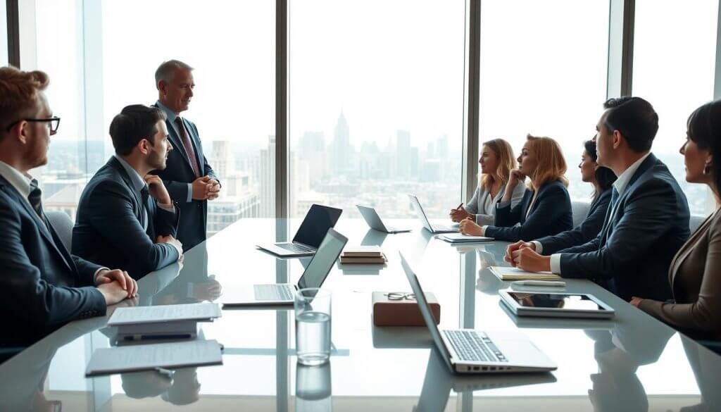 A confident business professional in formal attire stands at a sleek conference table, engaged in a discussion with a diverse group of decision-makers, who are actively listening and taking notes. The foreground captures the intensity of their conversation, with focused expressions and a variety of essential business tools like laptops and tablets spread across the table. In the middle ground, a large window provides a panoramic view of a modern city skyline, hinting at success and influence. Soft natural light streams in, highlighting their thoughtful faces and creating an atmosphere of collaboration and trust. The camera angle is slightly elevated, offering a dynamic perspective of the interaction, emphasizing the importance of mutual respect and shared knowledge. The overall mood is professional and inspiring, illustrating the power of building credibility through meaningful dialogue.