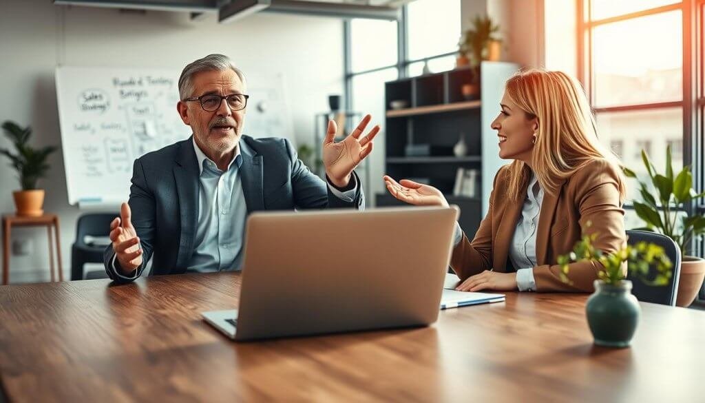 A confident founder, a middle-aged man in a tailored business suit, sits at a modern conference table engaged in a high-energy sales conversation with a potential client. His expressive gestures convey enthusiasm and conviction, while the client, a woman in smart casual attire, leans in, showing interest. In the foreground, a sleek laptop displays a digital presentation. In the middle ground, a well-lit stylish office environment features contemporary decor, a whiteboard with sales strategies sketched out, and innovative technology products showcased subtly. The background includes large windows with natural light streaming in, casting a warm glow over the scene. The atmosphere is dynamic, indicating trust, collaboration, and ambition, capturing the essence of founder-led sales efforts in a professional context.