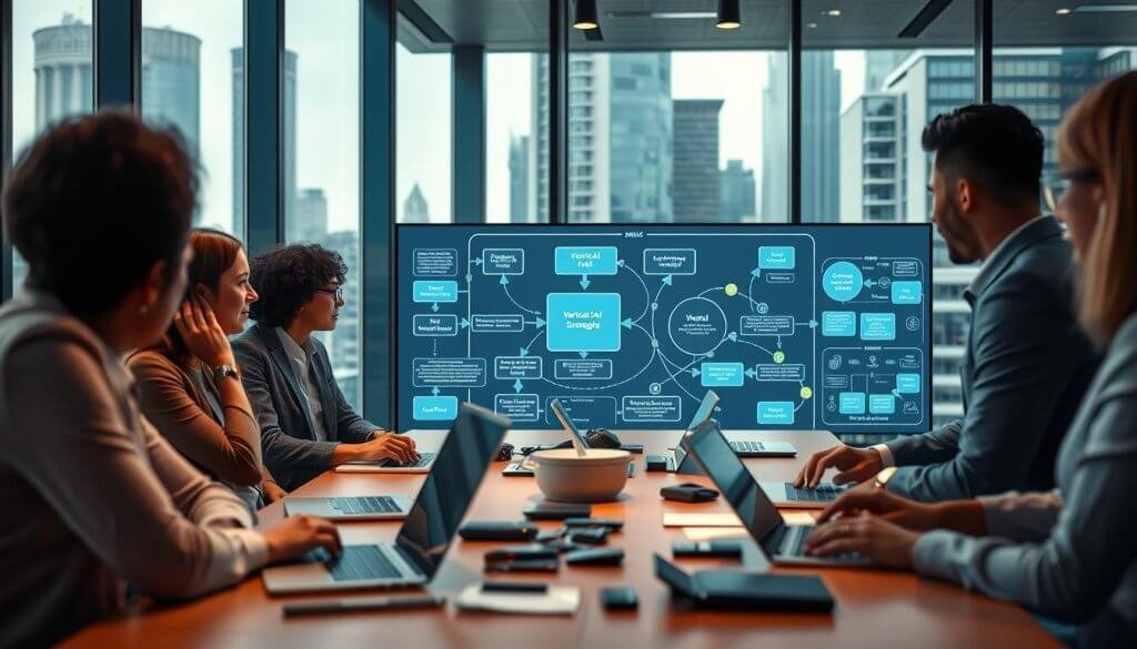 A detailed and visually compelling representation of workflows within a business context. In the foreground, showcase a modern office setting with diverse professionals in business attire engaged in discussion around a large digital screen displaying interconnected flowcharts and diagrams representing vertical AI SaaS strategies. In the middle, include elements like laptops, tablets, and sophisticated tech gadgets scattered on the conference table, symbolizing innovation and collaboration. In the background, large glass windows allowing natural light to flood the space while showcasing a cityscape, creating a dynamic, high-energy atmosphere. Use soft, warm lighting to convey a sense of professionalism and teamwork, with a slight depth of field to emphasize the foreground activities. The overall mood should be focused, ambitious, and forward-thinking, illustrating the importance of a specific wedge in outbound sales strategies.