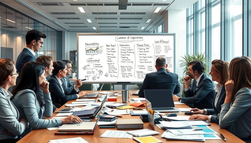 A detailed illustration depicting common pitfalls in scaling sales operations. In the foreground, a diverse group of professionals, dressed in smart business attire, engage in a tense discussion around a large conference table cluttered with paperwork, laptops, and sales charts. In the middle, a whiteboard filled with diagrams and lists, highlighting obstacles like 'miscommunication', 'inadequate training', and 'loss of focus'. The background features an office environment with glass walls and modern decor, bathed in soft, natural lighting that creates a professional atmosphere. The angle captures the tension in the room, suggesting urgency and the need for clarity. The mood is serious and focused, emphasizing the challenges faced by teams as they strive for operational efficiency. No text or distractions are present in the image.