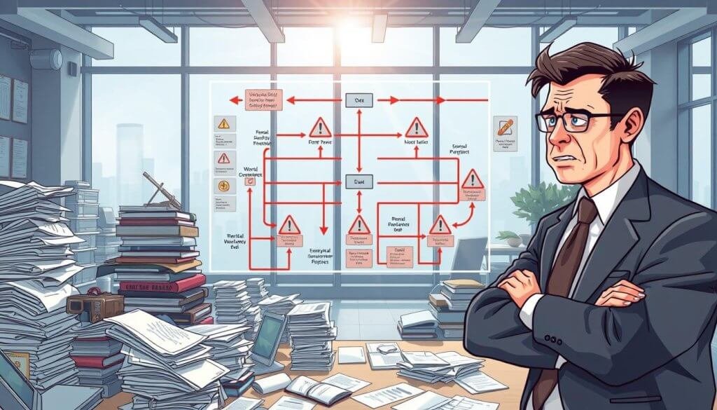 A detailed illustration depicting "workflow pain points" in a vertical SaaS context. In the foreground, a frustrated business professional in a smart business suit, surrounded by chaotic stacks of papers and outdated technology, showcasing inefficiencies. In the middle ground, a digital representation of a complex workflow diagram, with red arrows and warning signs indicating bottlenecks and challenges. The background features a modern office environment with large windows, sunlight streaming in, symbolizing opportunities overshadowed by existing pain points. Soft shadows enhance depth, while a cooler color palette conveys a sense of urgency and frustration. The overall atmosphere is tense yet hopeful, highlighting the need for specialized lead generation solutions.