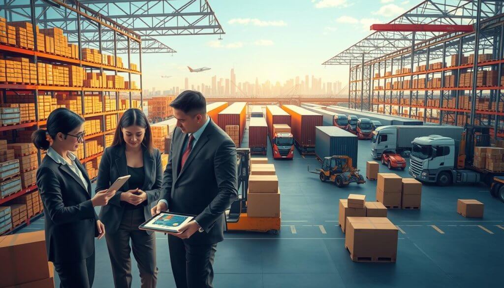 A detailed illustration of the outbound logistics process in a modern supply chain setting. In the foreground, a diverse team of professionals in business attire, collaborating over digital tablets and logistics software, analyzing shipment data. In the middle ground, a busy warehouse filled with organized shelves of products, with forklifts transporting goods and employees coordinating deliveries. The background shows trucks loading at a dock under a bright, clear sky, with a city skyline in the distance. Use warm, inviting lighting to convey a sense of efficiency and teamwork. Capture a dynamic scene from a slight aerial angle to provide an overview of the entire logistics operation, emphasizing organization and collaboration in supply chain management. A detailed illustration of the outbound logistics process in a modern supply chain setting. In the foreground, a diverse team of professionals in business attire, collaborating over digital tablets and logistics software, analyzing shipment data. In the middle ground, a busy warehouse filled with organized shelves of products, with forklifts transporting goods and employees coordinating deliveries. The background shows trucks loading at a dock under a bright, clear sky, with a city skyline in the distance. Use warm, inviting lighting to convey a sense of efficiency and teamwork. Capture a dynamic scene from a slight aerial angle to provide an overview of the entire logistics operation, emphasizing organization and collaboration in supply chain management.
