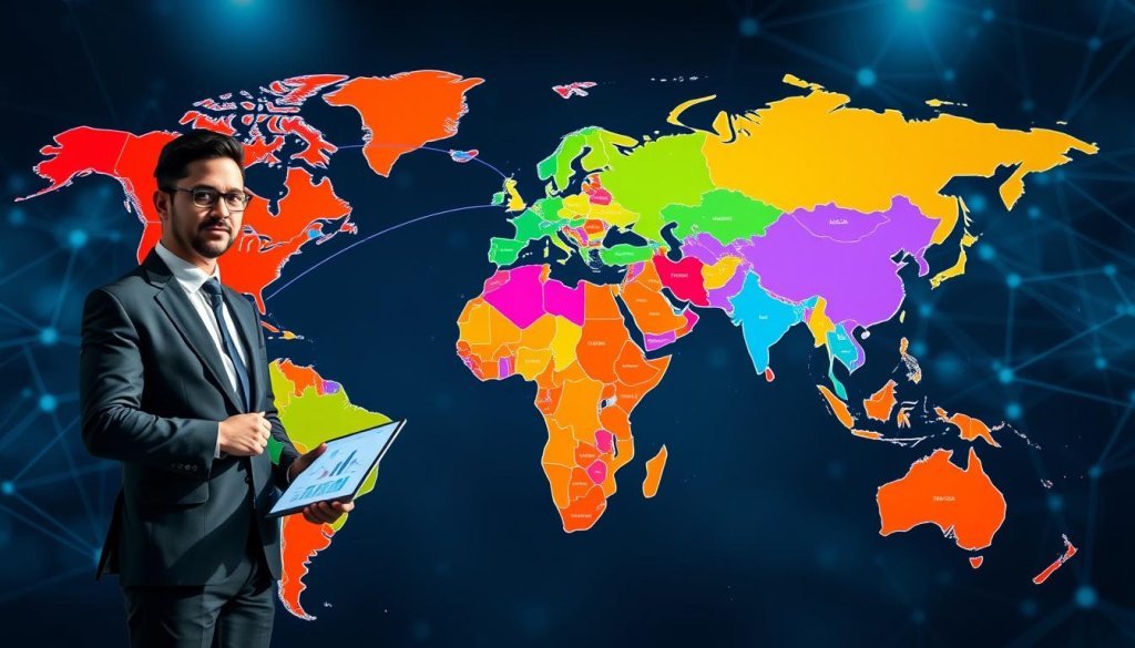 A detailed world map showcasing geographic coverage depth for industrial distribution, with vibrant colors highlighting different regions of India and key global markets. In the foreground, a professional business person in smart attire stands confidently, holding a digital tablet displaying data analytics. The middle ground features a translucent overlay of logistics routes and arrows indicating shipping pathways from India to various countries. The background showcases an abstract representation of interconnected global networks, symbolizing outreach and connectivity. Soft, focused lighting enhances the map details while creating a professional and optimistic atmosphere, with a slight emphasis on efficiency and growth. Use a wide-angle perspective to capture the expansive scope of global reach without any text or symbols.