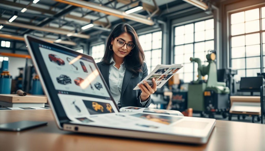 A digital workspace featuring a media-rich online catalog on a sleek computer screen. In the foreground, there’s a laptop displaying interactive product images and detailed specifications, with virtual buttons and tabs enhancing user engagement. The middle layer showcases a professional Indian businesswoman in smart casual attire, thoughtfully analyzing the catalog, surrounded by various industrial products like machinery and tools. In the background, a well-organized office with modern tech elements, large windows allowing natural light to filter in, casting a warm glow over the scene. The atmosphere is innovative and focused, highlighting the synergy between technology and industrial outreach. The perspective is slightly angled down, capturing both the screen and the engaged professional.