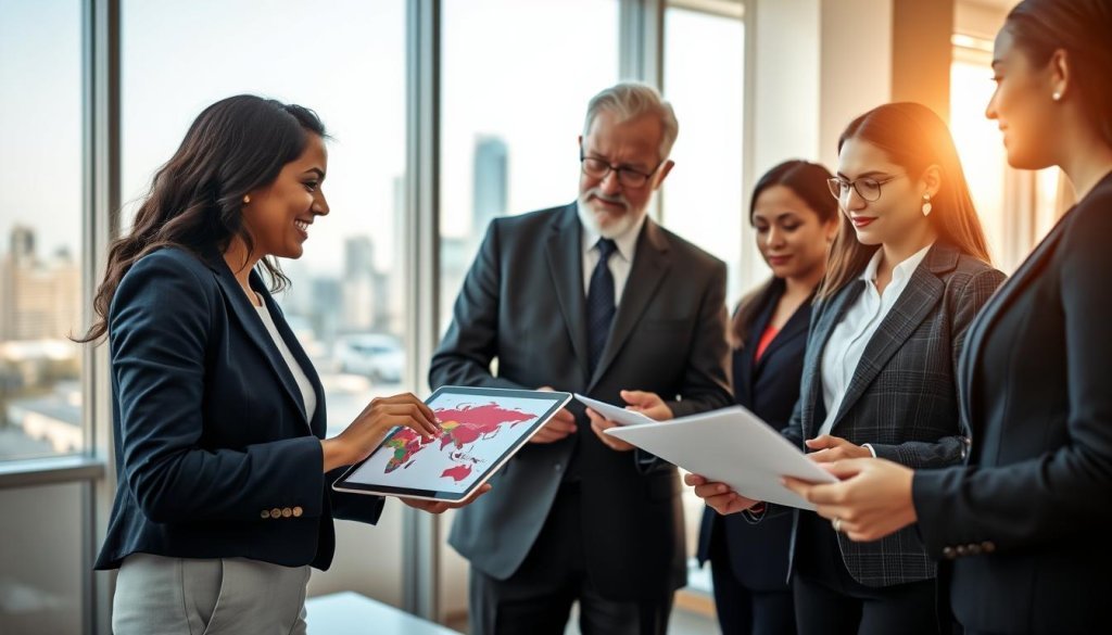 A diverse group of business professionals engaged in a dynamic discussion about export operations in a modern conference room. In the foreground, a South Asian woman in a tailored navy blazer sharing insights with enthusiasm while gesturing towards a digital map on a tablet. In the middle ground, a middle-aged Caucasian man in a smart suit taking notes, and a young Hispanic woman in a business casual outfit analyzing documents. The background features a large window showcasing a bustling city skyline, with soft, natural sunlight illuminating the space, casting a warm glow. The atmosphere is collaborative and focused, conveying a sense of strategic partnership and global reach. The angle is slightly elevated, capturing the interaction and commitment of the group without distractions or text overlays. A diverse group of business professionals engaged in a dynamic discussion about export operations in a modern conference room. In the foreground, a South Asian woman in a tailored navy blazer sharing insights with enthusiasm while gesturing towards a digital map on a tablet. In the middle ground, a middle-aged Caucasian man in a smart suit taking notes, and a young Hispanic woman in a business casual outfit analyzing documents. The background features a large window showcasing a bustling city skyline, with soft, natural sunlight illuminating the space, casting a warm glow. The atmosphere is collaborative and focused, conveying a sense of strategic partnership and global reach. The angle is slightly elevated, capturing the interaction and commitment of the group without distractions or text overlays.