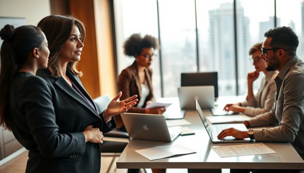 A diverse group of five professionals in a modern office setting, representing a buying committee engaged in a discussion. In the foreground, a confident woman in a tailored blazer making a point, her colleagues actively listening; a man with glasses taking notes on a digital tablet. In the middle, a sleek conference table scattered with documents and laptops, emphasizing collaboration. The background shows large windows with natural light streaming in, highlighting a city skyline. The atmosphere is serious yet collaborative, with a warm color palette to evoke a sense of focus and teamwork. Shot with a wide-angle lens, capturing the dynamic interaction in a professional workspace.