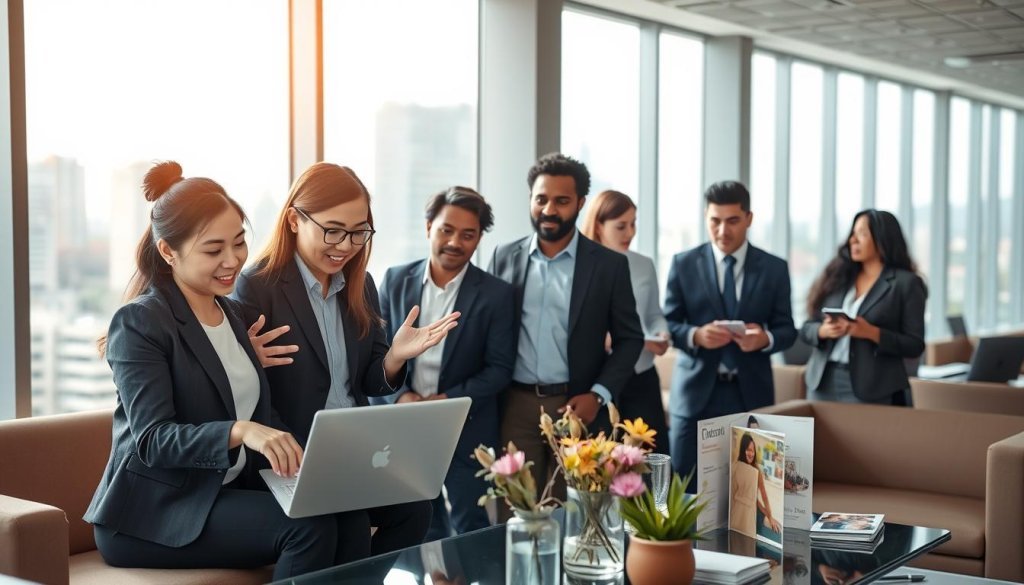 A diverse group of international buyers gathered in a modern conference room, engaging in discussions about global trade opportunities. In the foreground, two Asian women in professional business attire are reviewing a presentation on a laptop, while a middle-aged Caucasian man gestures enthusiastically, emphasizing a point. In the middle ground, a young African man takes notes, and a Hispanic woman shares her insights, all surrounded by sleek furniture and international marketing materials. The background features large windows offering a view of a bustling cityscape, with light streaming in, creating an optimistic atmosphere. The lighting is bright and inviting, enhancing the professionalism of the scene, captured with a shallow depth of field to focus on the interactions. The overall mood conveys collaboration and a sense of purpose in international trade. A diverse group of international buyers gathered in a modern conference room, engaging in discussions about global trade opportunities. In the foreground, two Asian women in professional business attire are reviewing a presentation on a laptop, while a middle-aged Caucasian man gestures enthusiastically, emphasizing a point. In the middle ground, a young African man takes notes, and a Hispanic woman shares her insights, all surrounded by sleek furniture and international marketing materials. The background features large windows offering a view of a bustling cityscape, with light streaming in, creating an optimistic atmosphere. The lighting is bright and inviting, enhancing the professionalism of the scene, captured with a shallow depth of field to focus on the interactions. The overall mood conveys collaboration and a sense of purpose in international trade.