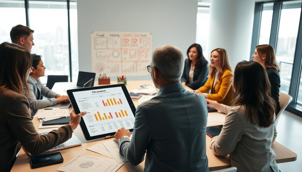A diverse group of professionals in a modern conference room, actively engaged in a collaborative discussion around a large table cluttered with charts, laptops, and documents reflecting financial data. In the foreground, two individuals are analyzing a risk assessment chart on a tablet, showcasing key risk indicators and mitigation strategies. The middle layer features a whiteboard filled with flowcharts and notes outlined in colorful markers, representing strategic planning. The background includes a large window with natural light streaming in, highlighting a cityscape. The atmosphere is one of focus and determination, with an emphasis on teamwork and strategic planning. Use soft, warm lighting to create an inviting, professional environment, shot with a wide-angle lens to capture the collaborative spirit.