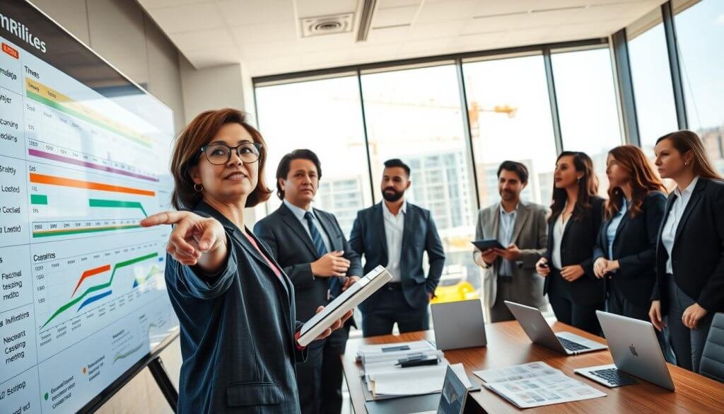 A diverse group of professionals in modern business attire gathers around a large digital display board filled with construction project timelines, gantt charts, and compliance metrics. The foreground features a mid-aged woman pointing at the board, with a focused expression, while a younger man takes notes on a tablet. In the middle ground, other team members engage in discussion, with construction plans and laptops scattered around a conference table. In the background, a bright, well-lit office environment showcases large windows revealing a construction site view, emphasizing an operations-heavy atmosphere. Use natural, vibrant lighting to create an engaging mood, highlighting collaboration and strategic planning in project management settings. The angle should provide a dynamic perspective, drawing the viewer into the team's discussions.