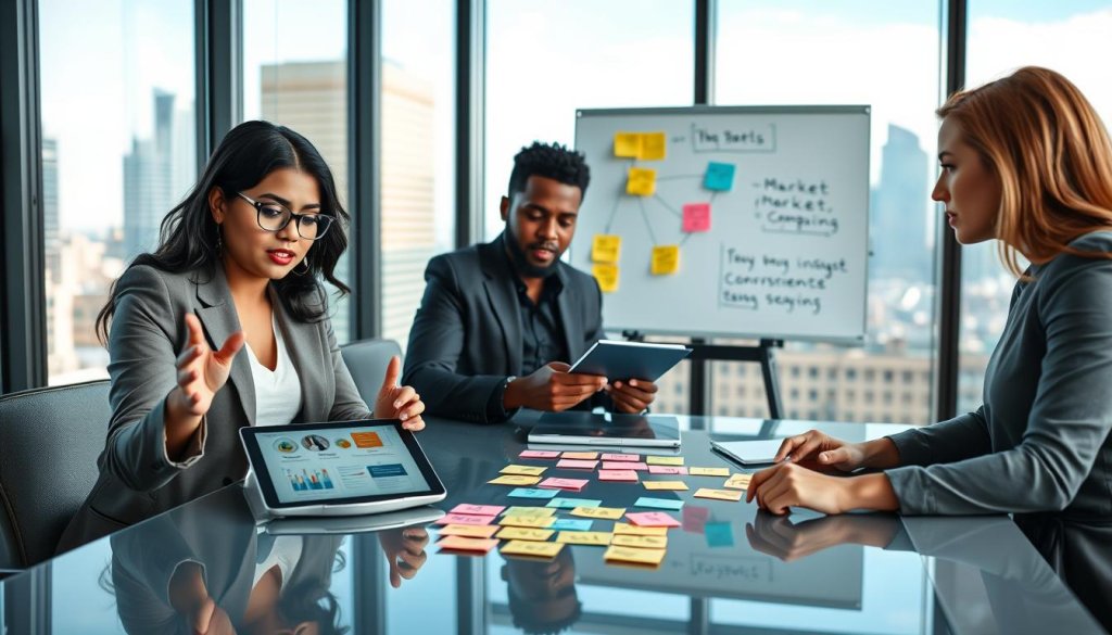A diverse group of three professionals sitting around a sleek conference table, deeply engaged in a brainstorming session about crafting high-conversion messaging. In the foreground, a South Asian woman in a tailored blazer gestures emphatically while pointing at a digital tablet displaying market insights. A Black man in smart casual attire takes notes with a focused expression, and a Caucasian woman in a professional dress leans forward, visibly intrigued. The middle of the scene features vibrant sticky notes and diagrams on a whiteboard that illustrate key messaging strategies. The background showcases large glass windows with a city skyline, letting in soft, natural light that enhances a collaborative and energetic atmosphere. The overall mood is focused and dynamic, emphasizing professional development and teamwork. A diverse group of three professionals sitting around a sleek conference table, deeply engaged in a brainstorming session about crafting high-conversion messaging. In the foreground, a South Asian woman in a tailored blazer gestures emphatically while pointing at a digital tablet displaying market insights. A Black man in smart casual attire takes notes with a focused expression, and a Caucasian woman in a professional dress leans forward, visibly intrigued. The middle of the scene features vibrant sticky notes and diagrams on a whiteboard that illustrate key messaging strategies. The background showcases large glass windows with a city skyline, letting in soft, natural light that enhances a collaborative and energetic atmosphere. The overall mood is focused and dynamic, emphasizing professional development and teamwork.
