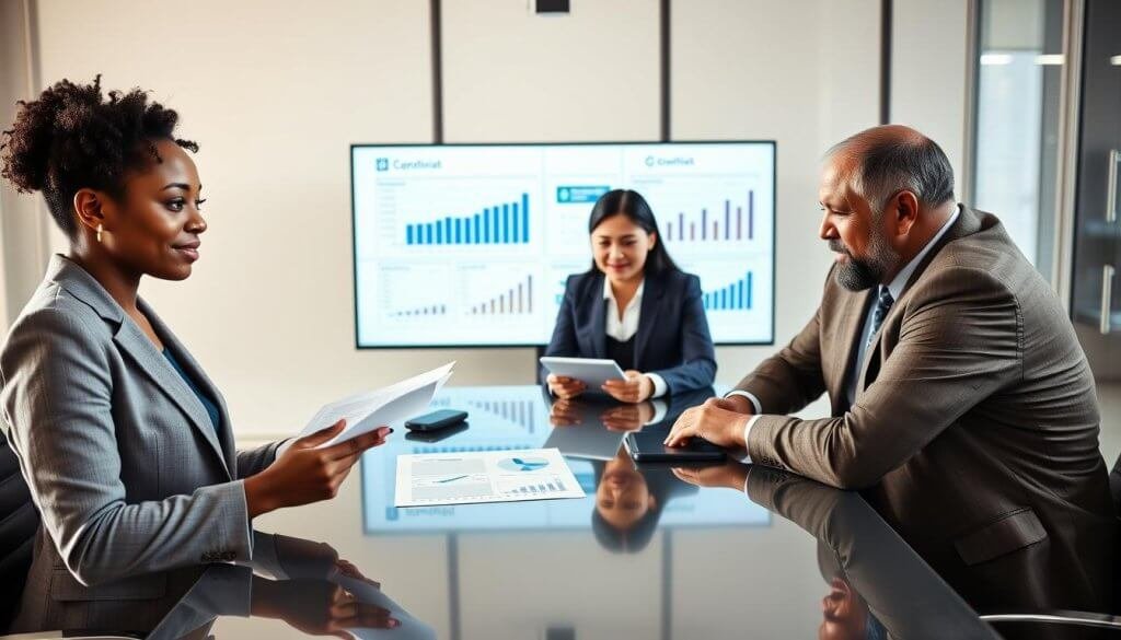 A diverse team of four professionals gathered around a sleek conference table, intently discussing a growth strategy. The foreground shows a confident Black woman in a tailored blazer presenting a document, while a Hispanic man in smart casual attire takes notes on a tablet. In the middle, a young Asian woman and an older Caucasian man exchange ideas, with charts and graphs displayed on a digital screen behind them. The background features a modern office environment with large windows providing soft, natural lighting. The mood is focused and collaborative, emphasizing teamwork and business readiness. The image should evoke a sense of proactive engagement and professionalism, capturing the essence of evaluating readiness for a growth partnership.