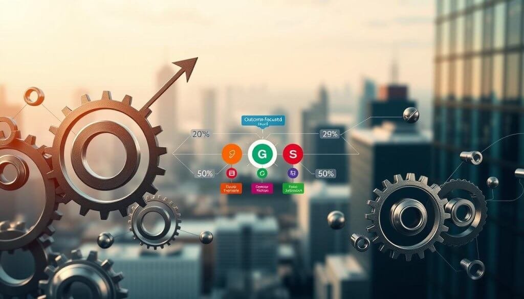 A dynamic, abstract representation of the Gasimo outcome-focused model in a modern business context. In the foreground, visualize interconnected gears and arrows symbolizing growth, collaboration, and strategic direction, rendered in sleek metallic tones. In the middle, create a vibrant flowchart showcasing various stages of the outcome-focused growth model, with colorful nodes indicating key metrics like engagement and satisfaction. The background should feature a blurred cityscape, evoking a bustling business environment, under soft, natural lighting to enhance a professional atmosphere. Use a mid-angle perspective to draw the viewer into the complexity of the model, conveying a sense of progress and innovation. The overall mood should be inspiring and forward-looking, reflecting the potential of structured people systems in B2B SaaS. A dynamic, abstract representation of the Gasimo outcome-focused model in a modern business context. In the foreground, visualize interconnected gears and arrows symbolizing growth, collaboration, and strategic direction, rendered in sleek metallic tones. In the middle, create a vibrant flowchart showcasing various stages of the outcome-focused growth model, with colorful nodes indicating key metrics like engagement and satisfaction. The background should feature a blurred cityscape, evoking a bustling business environment, under soft, natural lighting to enhance a professional atmosphere. Use a mid-angle perspective to draw the viewer into the complexity of the model, conveying a sense of progress and innovation. The overall mood should be inspiring and forward-looking, reflecting the potential of structured people systems in B2B SaaS.