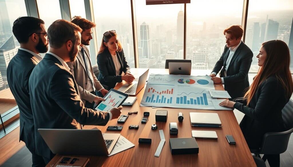 A dynamic and engaging scene illustrating "outcome-based pricing" in an AI SaaS context. In the foreground, a diverse group of professionals in business attire analyze graphs and charts on a digital tablet, showing data trends and market signals. In the middle ground, a modern conference table with laptops, documents, and futuristic gadgets scattered around, emphasizing a collaborative atmosphere. The background features large glass windows with a panoramic city view, bathed in soft natural light, creating a vibrant yet professional mood. The scene captures a moment of strategic discussion, with warm lighting highlighting the engaged expressions of the individuals. The angle should be slightly above eye level, providing a comprehensive perspective of the interaction and the cutting-edge workspace environment. A dynamic and engaging scene illustrating "outcome-based pricing" in an AI SaaS context. In the foreground, a diverse group of professionals in business attire analyze graphs and charts on a digital tablet, showing data trends and market signals. In the middle ground, a modern conference table with laptops, documents, and futuristic gadgets scattered around, emphasizing a collaborative atmosphere. The background features large glass windows with a panoramic city view, bathed in soft natural light, creating a vibrant yet professional mood. The scene captures a moment of strategic discussion, with warm lighting highlighting the engaged expressions of the individuals. The angle should be slightly above eye level, providing a comprehensive perspective of the interaction and the cutting-edge workspace environment.