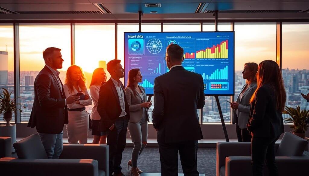 A dynamic and insightful scene showcasing the concept of "intent data" in a modern business setting. In the foreground, a diverse group of professionals in smart business attire, including men and women of various ethnic backgrounds, are gathered around a high-tech digital screen displaying colorful graphs, charts, and data analytics. In the middle ground, sleek office furniture and smart devices enhance the tech ambience. The background reveals a large window with a city skyline illuminated by soft sunset light, creating a warm, inviting atmosphere. The lighting highlights the focused expressions of the professionals, emphasizing collaboration and the exchange of ideas. The image captures the synergy between technology and teamwork, reflecting the importance of intent data in lead generation.