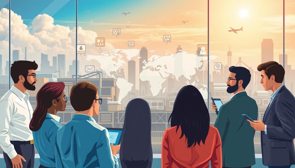 A dynamic and visually engaging illustration of omnichannel engagement in a business setting. In the foreground, a diverse group of business professionals from different backgrounds, dressed in smart business attire, collaborate around a digital device displaying a global map with various communication channels marked—like social media, email, and video calls. In the middle ground, a bustling factory seen through a glass window represents Indian manufacturing, while overseas buyers, represented as diverse silhouettes with digital devices, connect from different locations. The background features a modern city skyline along with clouds and airplanes, symbolizing global outreach. The lighting is bright and optimistic, evoking a sense of opportunity and collaboration, with a focus on a warm color palette that enhances engagement.