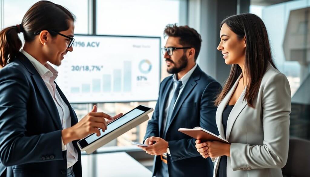 A dynamic business meeting scene focused on high-ACV outbound partnerships, featuring a diverse group of four professionals in a modern conference room. In the foreground, a confident woman in a tailored navy blazer presents data on a sleek digital tablet, gesturing towards a projected graph on the wall showcasing growth metrics. In the middle, two men in smart business attire, one with glasses and the other with a notepad, engaged in thoughtful discussion. Behind them, a large window reveals a bustling city skyline, hinting at a vibrant business ecosystem. Soft, natural lighting illuminates the room, enhancing a collaborative and energetic atmosphere. The camera angle captures the group's interaction, emphasizing teamwork and strategy in achieving partnership success. A dynamic business meeting scene focused on high-ACV outbound partnerships, featuring a diverse group of four professionals in a modern conference room. In the foreground, a confident woman in a tailored navy blazer presents data on a sleek digital tablet, gesturing towards a projected graph on the wall showcasing growth metrics. In the middle, two men in smart business attire, one with glasses and the other with a notepad, engaged in thoughtful discussion. Behind them, a large window reveals a bustling city skyline, hinting at a vibrant business ecosystem. Soft, natural lighting illuminates the room, enhancing a collaborative and energetic atmosphere. The camera angle captures the group's interaction, emphasizing teamwork and strategy in achieving partnership success.