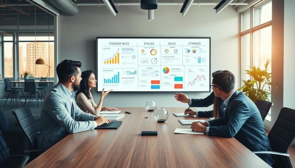 A dynamic business meeting scene in a modern office setting, illustrating a founder-led sales process. In the foreground, a diverse group of three professionals in business attire engaging in discussion over a large conference table, with sales charts and data visualizations displayed on a screen behind them. The middle layer features a whiteboard filled with strategy notes and sales metrics, emphasizing a structured approach. In the background, large windows let in natural light, casting a warm glow across the room, suggesting an atmosphere of collaboration and focus. Use a slightly elevated angle to create depth, showcasing the energy of teamwork and the founder's leadership in developing a repeatable sales strategy.