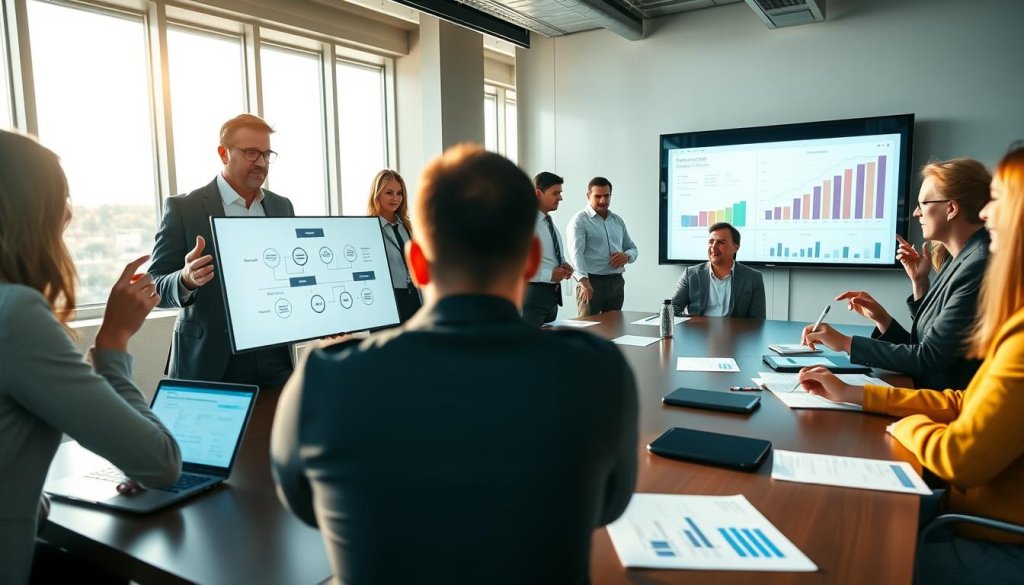A dynamic business meeting scene showcasing a diverse group of professionals in business attire gathered around a large conference table, engaged in a strategy session. In the foreground, a confident leader gestures while presenting a flowchart on a laptop, illustrating implementation strategies. To the right, team members take notes and discuss enthusiastically, some pointing at graphs displayed on a large screen. The mid-ground features strategically placed documents and charts on the table, highlighting key performance metrics. In the background, a modern office with large windows letting in soft, natural lighting, casting a warm glow over the scene. The atmosphere is collaborative and focused, symbolizing growth and innovation. The angle is slightly elevated, capturing the energy and teamwork in the room, ensuring clarity and engagement without any distractions. A dynamic business meeting scene showcasing a diverse group of professionals in business attire gathered around a large conference table, engaged in a strategy session. In the foreground, a confident leader gestures while presenting a flowchart on a laptop, illustrating implementation strategies. To the right, team members take notes and discuss enthusiastically, some pointing at graphs displayed on a large screen. The mid-ground features strategically placed documents and charts on the table, highlighting key performance metrics. In the background, a modern office with large windows letting in soft, natural lighting, casting a warm glow over the scene. The atmosphere is collaborative and focused, symbolizing growth and innovation. The angle is slightly elevated, capturing the energy and teamwork in the room, ensuring clarity and engagement without any distractions.