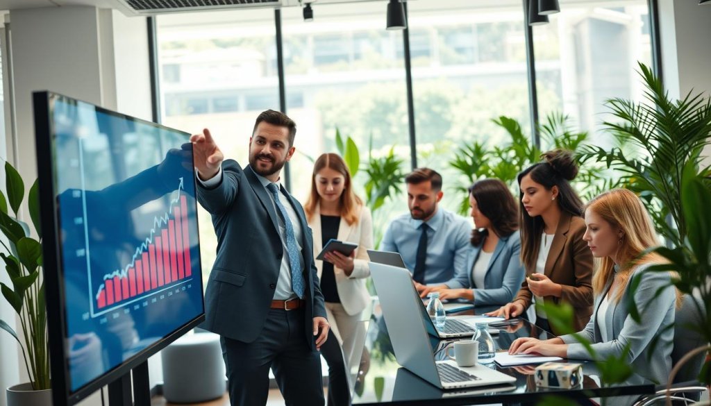 A dynamic business scene showcasing the concept of "B2B growth," featuring a diverse group of professionals collaborating in a modern office environment. In the foreground, a confident businessman in a tailored suit points toward a digital growth chart on a sleek touchscreen, symbolizing strategic planning. In the middle, focused team members analyze data on laptops and discuss ideas, highlighting teamwork and innovation. The background features a large glass window, allowing natural light to illuminate the workspace, creating an atmosphere of ambition and clarity. Add greenery through indoor plants to enhance the professional yet inviting mood. Capture this scene with a slightly elevated angle for depth, ensuring soft, diffused lighting to create an engaging and inspirational ambiance.