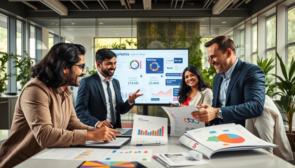A dynamic co-marketing scene showcasing diverse business professionals collaborating in an engaging workspace. In the foreground, two individuals—one Indian and one European—are animatedly discussing marketing strategies, surrounded by colorful charts and digital devices. The middle ground presents a collaborative space with a large screen displaying joint campaign metrics, various marketing materials, and branding elements from both companies. The background features a modern office setting with glass walls and greenery, enhancing a sense of innovation. Soft, natural lighting filters through the windows, creating an uplifting atmosphere. The scene conveys professionalism and teamwork, with all participants dressed in smart business attire, embodying a spirit of international collaboration.
