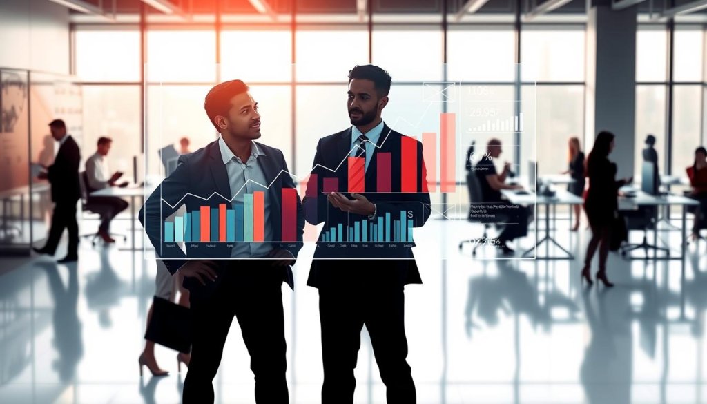 A dynamic illustration of a pay performance model in a corporate setting. In the foreground, a diverse group of three professionals in smart business attire are engaged in a discussion around a transparent digital screen displaying upward-trending graphs and key performance indicators. In the middle ground, there’s a sleek, modern office space with large windows, letting in soft natural light that enhances the vibrant colors of the data visualizations. In the background, silhouettes of additional team members can be seen collaborating at workstations, promoting a sense of teamwork and innovation. The atmosphere is focused and optimistic, emphasizing growth and strategic decision-making, captured with a slightly elevated angle to provide depth and perspective, creating an engaging visual narrative. A dynamic illustration of a pay performance model in a corporate setting. In the foreground, a diverse group of three professionals in smart business attire are engaged in a discussion around a transparent digital screen displaying upward-trending graphs and key performance indicators. In the middle ground, there’s a sleek, modern office space with large windows, letting in soft natural light that enhances the vibrant colors of the data visualizations. In the background, silhouettes of additional team members can be seen collaborating at workstations, promoting a sense of teamwork and innovation. The atmosphere is focused and optimistic, emphasizing growth and strategic decision-making, captured with a slightly elevated angle to provide depth and perspective, creating an engaging visual narrative.