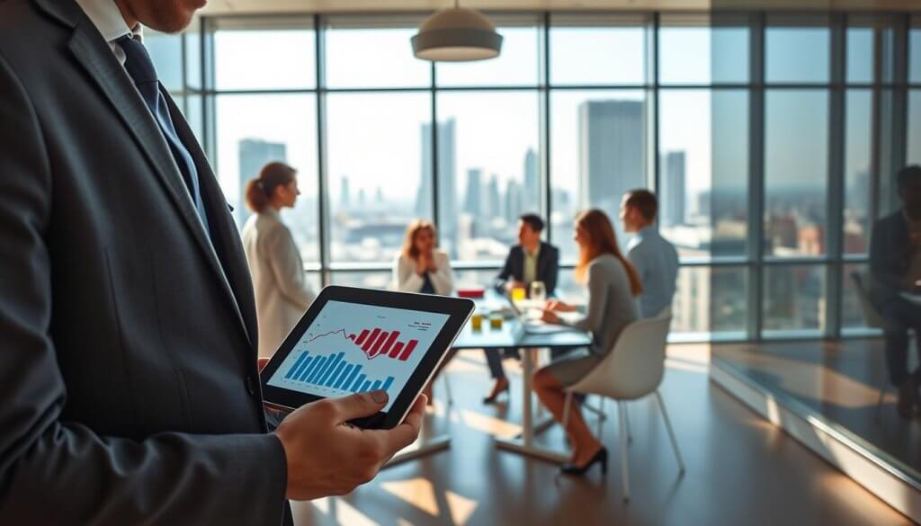 A dynamic, modern office environment showcasing the concept of lead generation. In the foreground, a professional business person dressed in a tailored suit examines a digital tablet, displaying charts and graphs that symbolize declining lead conversion rates. In the middle ground, a sleek glass meeting room features a diverse team of professionals engaged in a brainstorming session, surrounded by sticky notes and visuals depicting traditional lead generation methods. The background presents a city skyline through large windows, suggesting a fast-paced business world. Soft, natural lighting filters through, creating a bright and motivating atmosphere that contrasts with the feeling of uncertainty in traditional strategies. The angle captures the room’s depth, emphasizing both collaboration and the challenges of outdated processes. A dynamic, modern office environment showcasing the concept of lead generation. In the foreground, a professional business person dressed in a tailored suit examines a digital tablet, displaying charts and graphs that symbolize declining lead conversion rates. In the middle ground, a sleek glass meeting room features a diverse team of professionals engaged in a brainstorming session, surrounded by sticky notes and visuals depicting traditional lead generation methods. The background presents a city skyline through large windows, suggesting a fast-paced business world. Soft, natural lighting filters through, creating a bright and motivating atmosphere that contrasts with the feeling of uncertainty in traditional strategies. The angle captures the room’s depth, emphasizing both collaboration and the challenges of outdated processes.