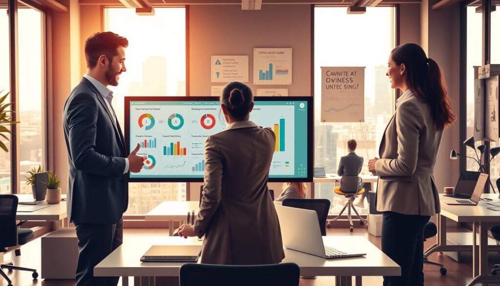 A dynamic office environment showcasing professionals engaged in a brainstorming session about owned infrastructure for lead generation. In the foreground, a diverse group of three individuals in smart business attire—two men and one woman—gather around a large touchscreen display with colorful charts and graphs. In the middle, a modern workspace filled with sleek desks, laptops, and inspirational decor, emphasizing collaboration and innovation. The background features large windows with natural light streaming in, revealing a city skyline. The overall mood is vibrant and productive, with a clear focus on teamwork and strategic planning, illustrated with a warm color palette and soft shadows to enhance a sense of professionalism and energy. A dynamic office environment showcasing professionals engaged in a brainstorming session about owned infrastructure for lead generation. In the foreground, a diverse group of three individuals in smart business attire—two men and one woman—gather around a large touchscreen display with colorful charts and graphs. In the middle, a modern workspace filled with sleek desks, laptops, and inspirational decor, emphasizing collaboration and innovation. The background features large windows with natural light streaming in, revealing a city skyline. The overall mood is vibrant and productive, with a clear focus on teamwork and strategic planning, illustrated with a warm color palette and soft shadows to enhance a sense of professionalism and energy.