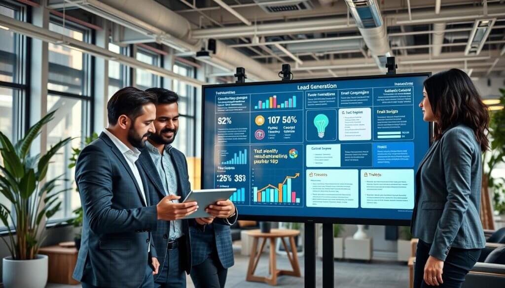 A dynamic office environment showcasing trades software lead generation strategies. In the foreground, a diverse group of three professionals—two men and one woman—dressed in smart business attire, collaboratively discussing a digital tablet while surrounded by charts and graphs illustrating lead generation metrics. In the middle ground, a large interactive screen displays colorful infographics highlighting various outbound marketing techniques such as email campaigns and cold calling strategies. The background features a modern office space with stylish furniture, plants, and large windows allowing natural light to flood in, creating an energetic atmosphere. The overall mood is focused and professional, with soft lighting emphasizing teamwork and innovation. Capture this scene from a slightly elevated angle to give a comprehensive view of the collaboration and technological elements at play. A dynamic office environment showcasing trades software lead generation strategies. In the foreground, a diverse group of three professionals—two men and one woman—dressed in smart business attire, collaboratively discussing a digital tablet while surrounded by charts and graphs illustrating lead generation metrics. In the middle ground, a large interactive screen displays colorful infographics highlighting various outbound marketing techniques such as email campaigns and cold calling strategies. The background features a modern office space with stylish furniture, plants, and large windows allowing natural light to flood in, creating an energetic atmosphere. The overall mood is focused and professional, with soft lighting emphasizing teamwork and innovation. Capture this scene from a slightly elevated angle to give a comprehensive view of the collaboration and technological elements at play.
