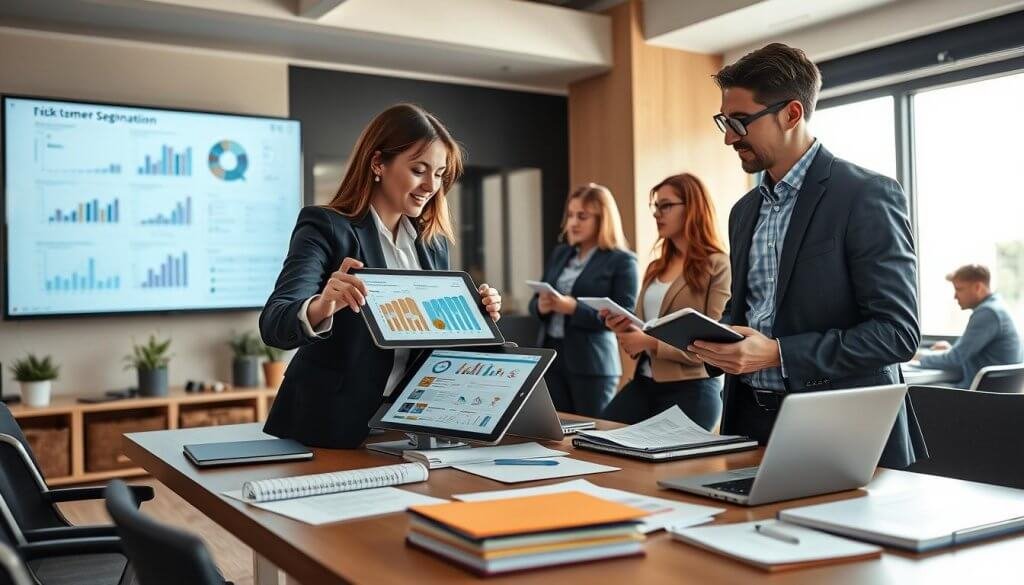 A dynamic office scene depicting a diverse group of professionals engaged in a collaborative meeting focused on understanding customer profiles in risk-heavy markets. In the foreground, a female business analyst in a tailored suit points to a digital tablet filled with charts and graphs, highlighting key customer attributes. Nearby, a male data scientist, also in business attire, takes notes on a notepad while looking thoughtfully at a large screen displaying customer segmentation data. The middle ground features a table strewn with documents and laptops, illustrating a productive brainstorming session. In the background, large windows let in soft, natural light, creating an atmosphere of focus and innovation. The color palette is warm and inviting, with a blend of earthy tones that foster a sense of collaboration and professionalism. The angle is slightly elevated, capturing the energy of the team at work. A dynamic office scene depicting a diverse group of professionals engaged in a collaborative meeting focused on understanding customer profiles in risk-heavy markets. In the foreground, a female business analyst in a tailored suit points to a digital tablet filled with charts and graphs, highlighting key customer attributes. Nearby, a male data scientist, also in business attire, takes notes on a notepad while looking thoughtfully at a large screen displaying customer segmentation data. The middle ground features a table strewn with documents and laptops, illustrating a productive brainstorming session. In the background, large windows let in soft, natural light, creating an atmosphere of focus and innovation. The color palette is warm and inviting, with a blend of earthy tones that foster a sense of collaboration and professionalism. The angle is slightly elevated, capturing the energy of the team at work.