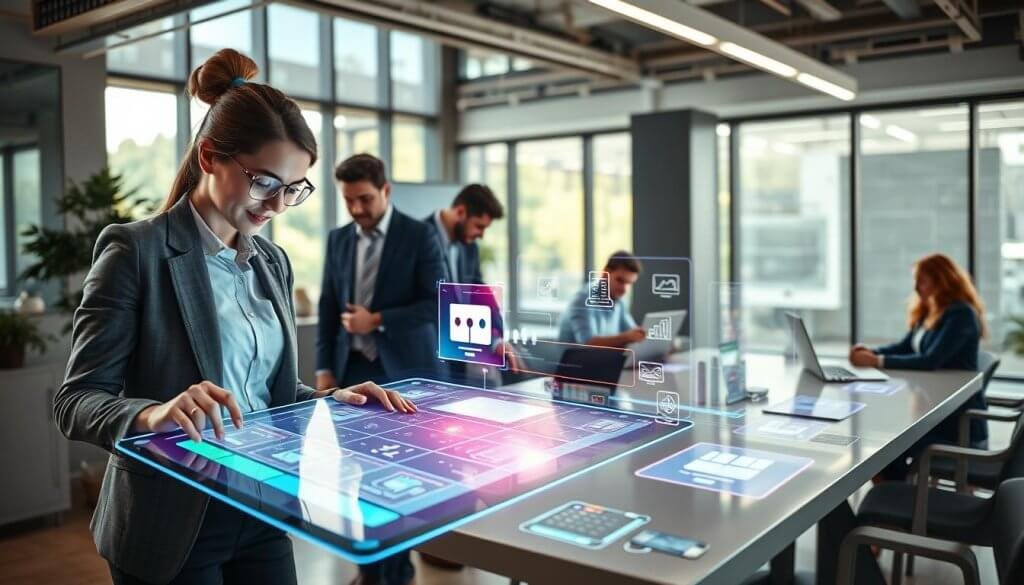 A dynamic office scene where diverse professionals are collaboratively transforming ideas into digital software solutions. In the foreground, a focused woman in smart business attire outlines a workflow diagram on a digital tablet, surrounded by vibrant holographic interfaces displaying various software tools. In the middle ground, a team of individuals, including a man and woman, work together around a modern conference table, brainstorming with laptops and charts. The background features a sleek, contemporary office with large windows allowing natural light to flood the room, creating an optimistic and productive atmosphere. Use bright, inviting colors to enhance the mood, with soft shadows and highlights that emphasize the innovative technology in action. The angle captures the energy and collaboration within this transformative environment. A dynamic office scene where diverse professionals are collaboratively transforming ideas into digital software solutions. In the foreground, a focused woman in smart business attire outlines a workflow diagram on a digital tablet, surrounded by vibrant holographic interfaces displaying various software tools. In the middle ground, a team of individuals, including a man and woman, work together around a modern conference table, brainstorming with laptops and charts. The background features a sleek, contemporary office with large windows allowing natural light to flood the room, creating an optimistic and productive atmosphere. Use bright, inviting colors to enhance the mood, with soft shadows and highlights that emphasize the innovative technology in action. The angle captures the energy and collaboration within this transformative environment.