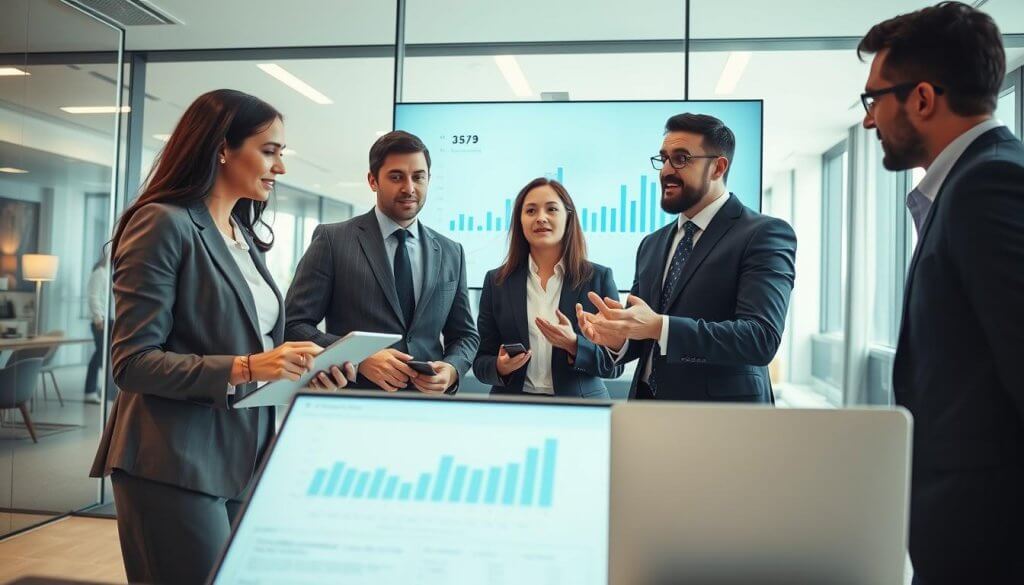 A dynamic scene capturing a human-in-the-loop sales conversation in a modern office environment. In the foreground, a diverse group of three professionals—one woman and two men—are engaged in a focused discussion, all dressed in smart business attire. The woman, actively taking notes on a tablet, is leaning slightly forward, while the men, one with a laptop open in front of him and the other gesturing thoughtfully, display expressions of collaboration and enthusiasm. In the middle ground, a large screen displays data analytics related to sales performance. The background features glass walls showcasing a bustling tech company environment with soft natural light filtering in, creating a positive and productive atmosphere. The angle is slightly top-down, emphasizing the collaborative dynamics while maintaining a clean and professional look.