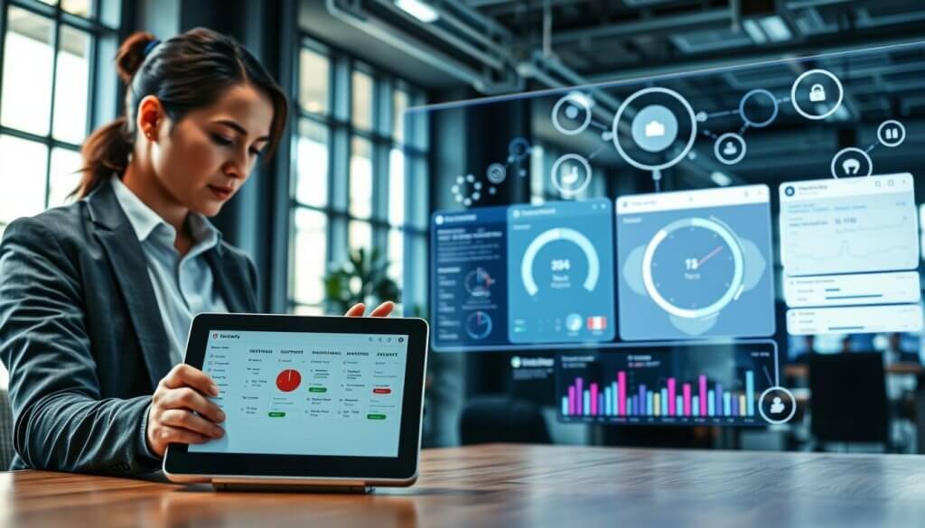 A dynamic scene showcasing an integrated tech stack for field service management. In the foreground, a sleek tablet displays a user-friendly interface featuring scheduling, dispatch, and capacity management tools. To the left, a focused professional in business attire interacts with the tablet, analyzing data with intent. The middle ground features a smart digital dashboard with interconnected devices, illustrating real-time analytics and fluid communication between teams. The background includes a modern office environment with large windows letting in natural light, enhancing a sense of productivity. The atmosphere is vibrant yet focused, emphasizing efficiency and technological innovation. The image is captured from a slightly elevated angle, highlighting the interconnectedness of the tech stack, with soft but clear lighting to create a contemporary feel.
