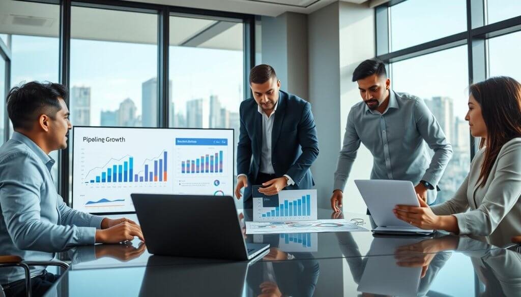 A dynamic workspace scene showcasing a group of diverse professionals collaboratively strategizing around a sleek conference table. In the foreground, two individuals, one of Asian descent and another Black, are engaged in an animated discussion, using a laptop and charts that highlight growth metrics. In the mid-ground, a third professional, of Hispanic descent, is reviewing a digital presentation on a large screen, displaying data visuals of pipeline growth. The background features large windows with a city skyline view, allowing natural light to flood the space, creating a bright and inspiring atmosphere. The scene conveys collaboration, innovation, and professionalism, set in a modern office environment with a slight focus on the participants' expressions of determination and focus.