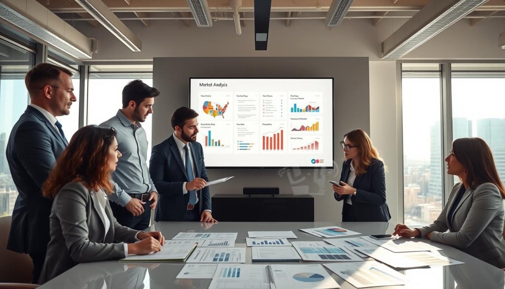 A focused business meeting scene in a bright, modern office environment. In the foreground, a diverse group of professionals in smart business attire, including men and women of various ethnicities, are engaged in discussion while examining detailed reports and graphs on a sleek conference table. In the middle, a large digital screen displays market analysis visuals and buyer personas, highlighting strategic insights and testing results. The background reveals large windows with sunlight streaming in, showcasing a cityscape. The atmosphere is dynamic and collaborative, emphasizing the importance of careful market testing before scaling efforts. Capture the image with a slightly overhead angle to show all elements in action, using natural light to create an inviting and professional tone.