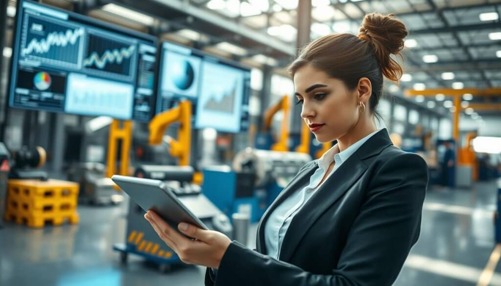 A focused workplace scene depicting an operations buyer in a manufacturing environment. In the foreground, a professional woman in business attire studies a digital tablet, with a thoughtful expression as she reviews key performance metrics. The middle ground showcases an office-like setting with large screens displaying graphs and charts, symbolizing data-driven decision-making. In the background, manufacturing machinery is visible through large windows, conveying an industrial atmosphere. The lighting is bright and natural, streaming in through the glass, creating a sense of clarity and professionalism. The overall mood is serious yet dynamic, reflecting the importance of strategic purchasing in manufacturing operations. The perspective is slightly elevated to emphasize the depth of the scene.