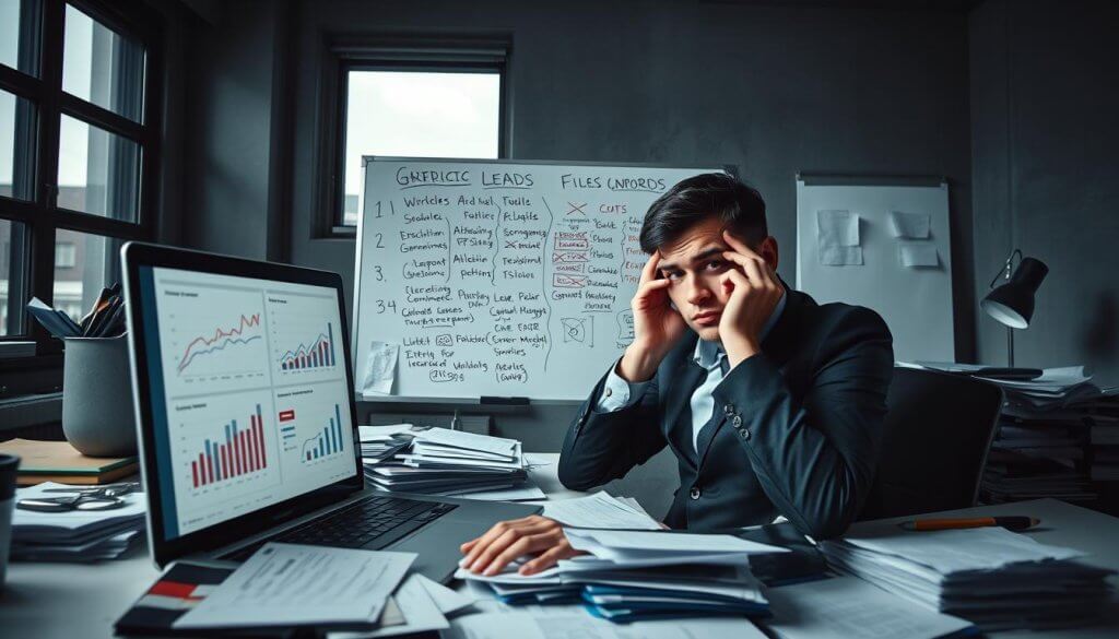 A frustrated business professional, dressed in smart casual attire, sits at a cluttered desk strewn with papers and lead generation reports, conveying the challenges of generic tools. In the foreground, a laptop screen displays complicated graphs and charts, some in red to symbolize underperformance. In the middle, a whiteboard is filled with scribbled notes and crossed-out ideas, representing failed attempts at lead generation. The background features dim office lighting, with shadows casting a somber mood, while a window shows a gray sky, adding to the sense of frustration. The camera angle is slightly above eye level, focusing on the overwhelmed individual, creating an intimate, relatable atmosphere that illustrates the limitations of lead generation tools in a professional setting.