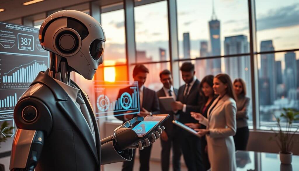 A futuristic office setting showcasing the role of AI in outbound growth. In the foreground, an intelligent-looking humanoid robot wearing a sharp business suit is interacting with a digital dashboard displaying complex data and graphs related to sales metrics. The middle ground features a diverse group of professionals, both men and women, in professional attire, engaged in discussions while examining tablets and laptops, symbolizing collaboration and innovation. In the background, large windows reveal a bustling city skyline, illuminated by a warm sunset, creating an atmosphere of opportunity and growth. The lighting is warm and inviting, emphasizing a sense of progress and forward-thinking, captured with a wide-angle lens to encompass the dynamic workplace environment.