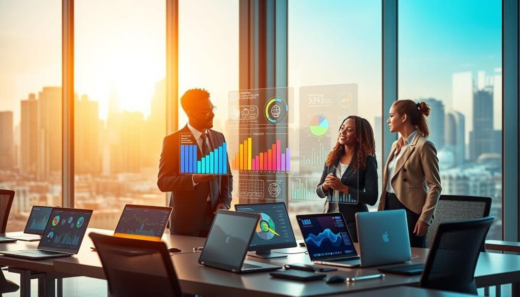 A futuristic office setting with an emphasis on technology and data analysis. In the foreground, a group of three diverse business professionals dressed in smart business attire intensely discussing insights from colorful, holographic charts and graphs representing intent data. In the middle, sleek desks filled with laptops, digital displays showcasing charts and analysis of lead generation metrics. The background features a large window with a city skyline, illuminated by soft, warm sunlight filtering through, creating an engaging and productive atmosphere. The lighting is bright yet professional, highlighting the team's focus on data-driven decision-making. The overall mood is energetic and innovative, reflecting the cutting-edge nature of B2B SaaS lead generation strategies. The composition emphasizes collaboration and technology. A futuristic office setting with an emphasis on technology and data analysis. In the foreground, a group of three diverse business professionals dressed in smart business attire intensely discussing insights from colorful, holographic charts and graphs representing intent data. In the middle, sleek desks filled with laptops, digital displays showcasing charts and analysis of lead generation metrics. The background features a large window with a city skyline, illuminated by soft, warm sunlight filtering through, creating an engaging and productive atmosphere. The lighting is bright yet professional, highlighting the team's focus on data-driven decision-making. The overall mood is energetic and innovative, reflecting the cutting-edge nature of B2B SaaS lead generation strategies. The composition emphasizes collaboration and technology.