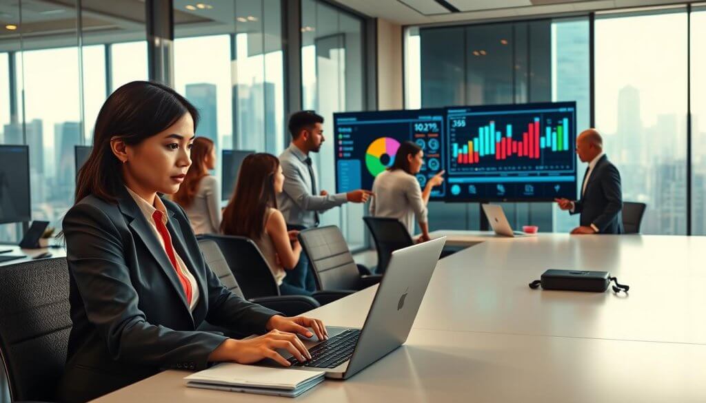 A high-tech office environment showcasing a group of diverse professionals engaging with multiple computer screens and digital displays, illustrating a multi-agent outreach system. In the foreground, a confident middle-aged Asian woman in a tailored business suit analyzes data on her laptop, while a young Black man in smart casual attire points at a vibrant infographic on a large screen. In the middle ground, other team members collaborate around a sleek conference table, discussing strategies. The background contains minimalist decor and glass walls displaying a dynamic cityscape, bathed in bright, natural light. The mood is energetic and focused, reflecting innovation in AI supply chain solutions. The perspective is from a slightly elevated angle, emphasizing collaboration and technological sophistication.