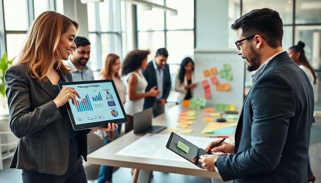 A modern and professional workspace filled with diverse individuals engaged in a dynamic discussion about messaging strategies and buyer insights. In the foreground, a woman in a tailored blazer points to a digital tablet displaying charts and buyer personas, while a man beside her, dressed in smart casual attire, takes notes on a laptop. In the middle ground, a group of colleagues of different ethnicities collaborates around a large conference table with sticky notes and diagrams illustrating buyer wedges. In the background, a bright, airy office with large windows allowing soft natural light to flood in, reflecting a productive and innovative atmosphere. The mood is focused and collaborative, emphasizing teamwork in the context of global sales strategies. A modern and professional workspace filled with diverse individuals engaged in a dynamic discussion about messaging strategies and buyer insights. In the foreground, a woman in a tailored blazer points to a digital tablet displaying charts and buyer personas, while a man beside her, dressed in smart casual attire, takes notes on a laptop. In the middle ground, a group of colleagues of different ethnicities collaborates around a large conference table with sticky notes and diagrams illustrating buyer wedges. In the background, a bright, airy office with large windows allowing soft natural light to flood in, reflecting a productive and innovative atmosphere. The mood is focused and collaborative, emphasizing teamwork in the context of global sales strategies.