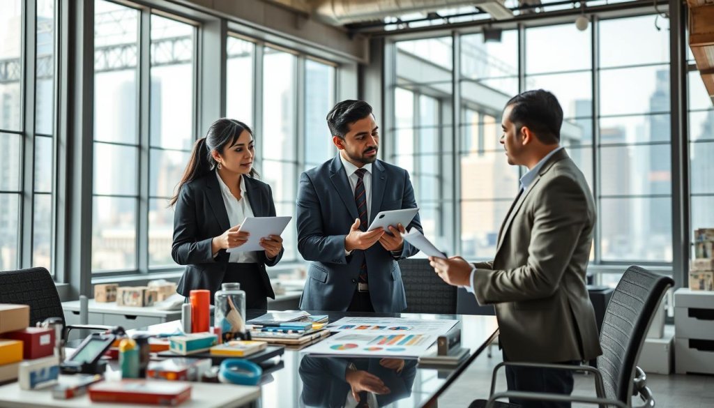 A modern industrial setting featuring a professional business conversation between a diverse group of professionals. In the foreground, a South Asian woman in smart business attire is engaging with a Caucasian man in a tailored suit, reviewing charts and digital devices related to distribution. The middle ground showcases a sleek conference table surrounded by vibrant displays of product samples from various industries, emphasizing a global outreach theme. In the background, large windows reveal a busy cityscape, symbolizing international trade. The lighting is bright and natural, illuminating the scene with a focus on collaboration and innovation. The atmosphere is dynamic and professional, evoking a sense of purpose and forward-thinking strategies in sales optimization.