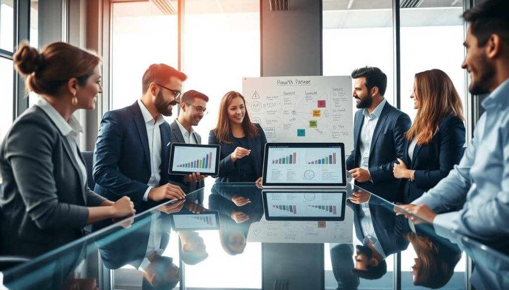A modern office conference room, featuring a sleek glass table at the center surrounded by professional individuals in business attire engaged in a discussion about growth partner payment plans. The foreground showcases a close-up of diverse team members, including a woman in a tailored navy suit and a man in a crisp white shirt, pointing to a digital tablet displaying graphs illustrating flexible payment structures. In the middle ground, a large whiteboard is filled with colorful diagrams and notes, indicating strategies for B2B teams. The background reveals large windows with natural light streaming in, casting soft shadows and creating a collaborative atmosphere. The mood is optimistic and focused, emphasizing innovation in business partnerships. The image is captured from a low angle to highlight the dynamic interaction among the team members. A modern office conference room, featuring a sleek glass table at the center surrounded by professional individuals in business attire engaged in a discussion about growth partner payment plans. The foreground showcases a close-up of diverse team members, including a woman in a tailored navy suit and a man in a crisp white shirt, pointing to a digital tablet displaying graphs illustrating flexible payment structures. In the middle ground, a large whiteboard is filled with colorful diagrams and notes, indicating strategies for B2B teams. The background reveals large windows with natural light streaming in, casting soft shadows and creating a collaborative atmosphere. The mood is optimistic and focused, emphasizing innovation in business partnerships. The image is captured from a low angle to highlight the dynamic interaction among the team members.